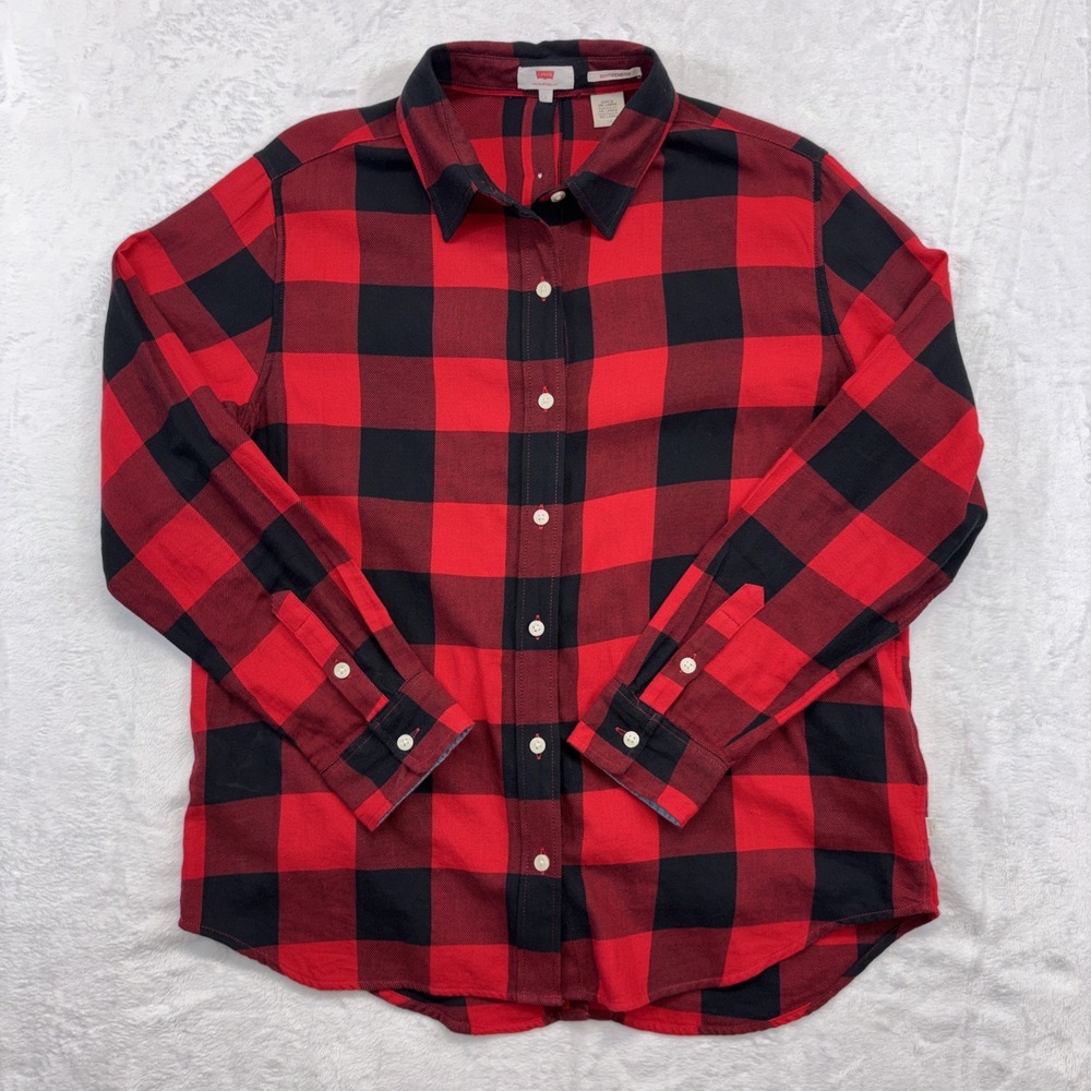 Levi's Shirt Top Women's LG Red / Black Plaid Long Sleeve Boyfriend Fit Flannel